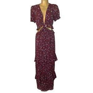 WAYF Sheer Wine Floral Maxi with Ruffles. Size Small